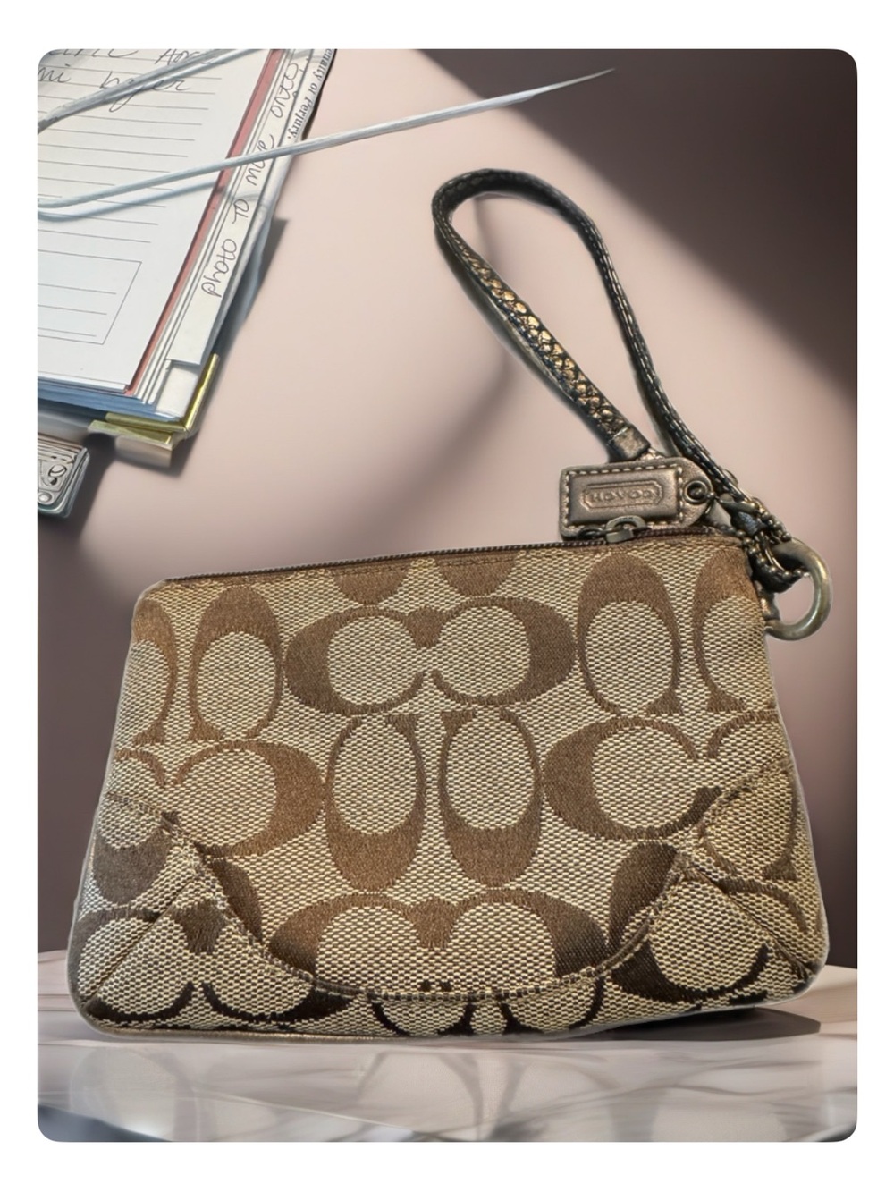 Coach Brown Signature Canvas Wristlet with Leather Strap